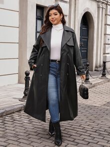 SHEIN Clasi 大尺碼女款純色翻領長袖保暖內裡休閒優雅商務休閒長款風衣 冬季辦公晚宴灰色 - 黑色 - 查看 10