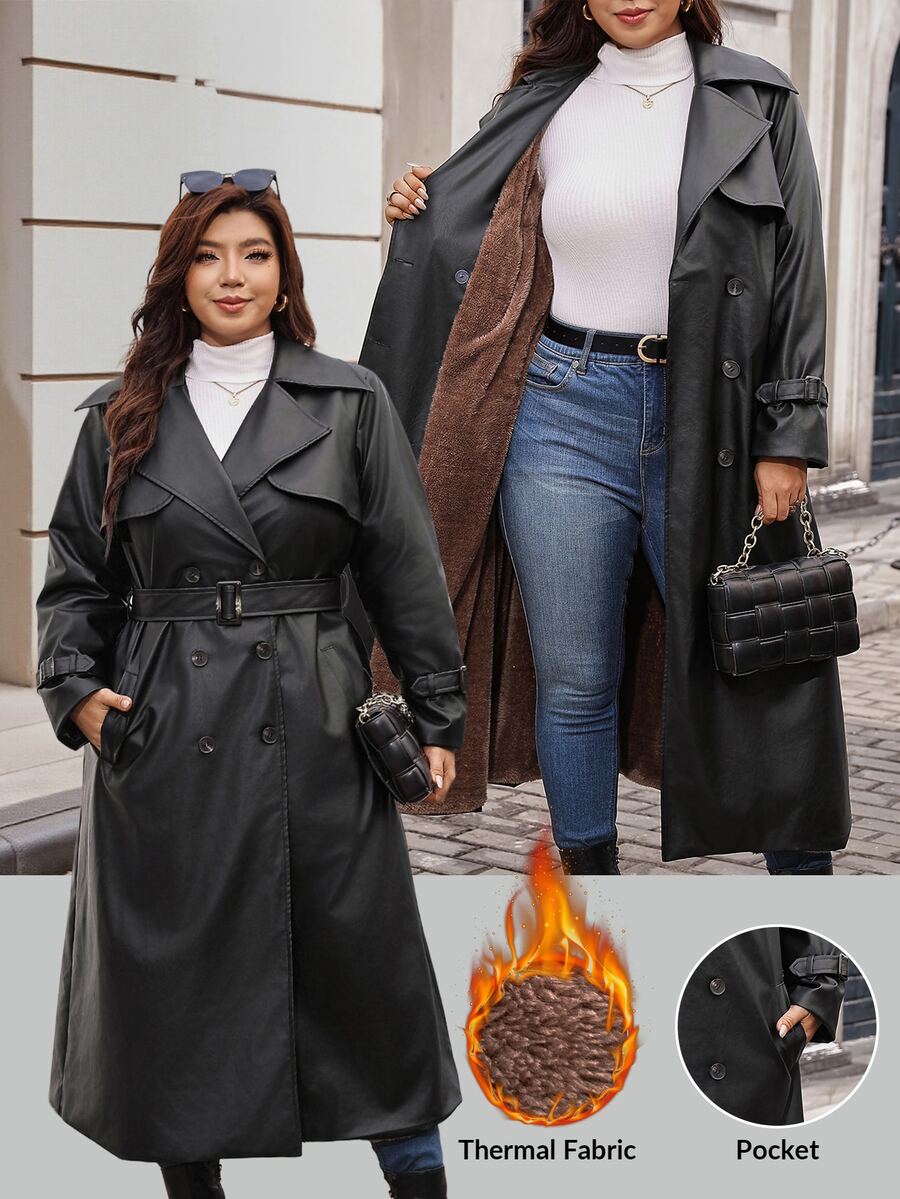 SHEIN Clasi 大尺碼女款純色翻領長袖保暖內裡休閒優雅商務休閒長款風衣 冬季辦公晚宴灰色