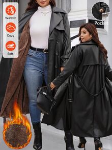 SHEIN Clasi 大尺碼女款純色翻領長袖保暖內裡休閒優雅商務休閒長款風衣 冬季辦公晚宴灰色 - 黑色 - 查看 11