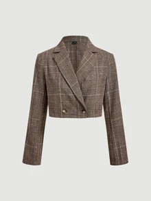 SHEIN MOD Vintage Plaid Cropped Blazer & Asymmetrical Shorts Suit Set - Multicolor - View 8