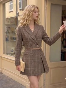 SHEIN MOD Vintage Plaid Cropped Blazer & Asymmetrical Shorts Suit Set - Multicolor - View 3