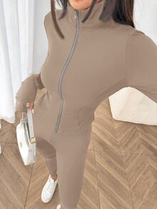 SHEIN EZwear Khaki Knit Women's Sportswear Set, Spring/Summer - Khaki - View 5