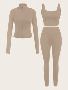 SHEIN EZwear Khaki Knit Women's Sportswear Set, Spring/Summer - Khaki - View 6