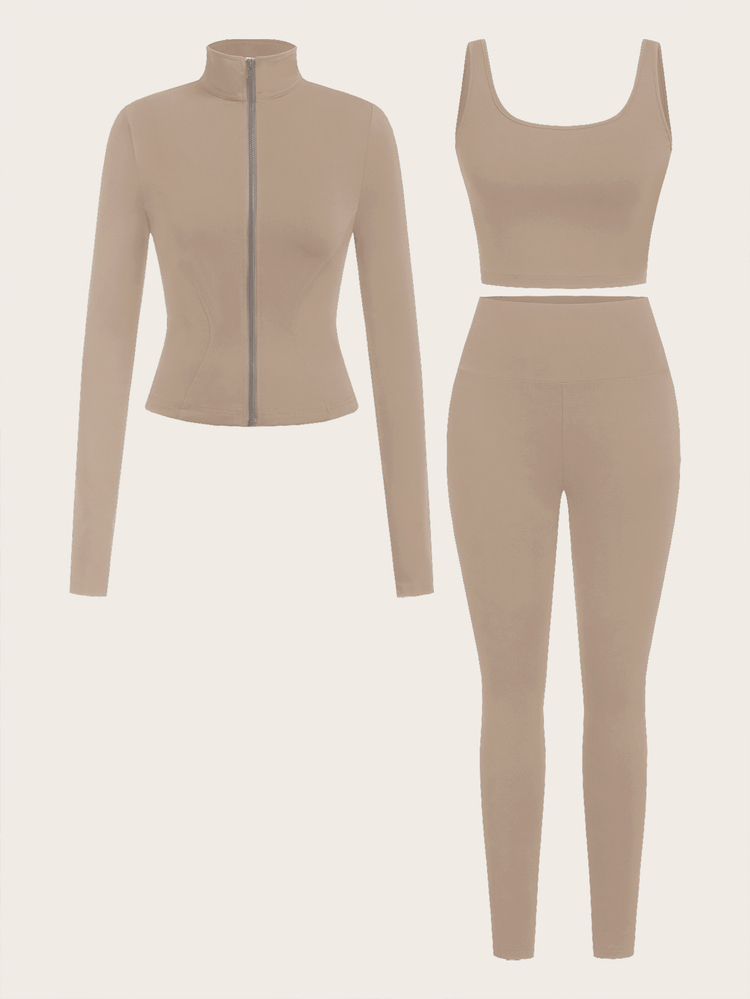SHEIN EZwear Set Pakaian Olahraga Rajut Khaki untuk Wanita, Musim Semi/Panas - Khaki - View 6