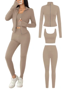 SHEIN EZwear Khaki Knit Women's Sportswear Set, Spring/Summer - Khaki - View 1