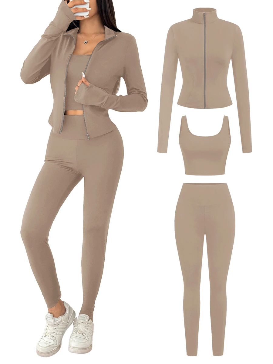 SHEIN EZwear Khaki Knit Women's Sportswear Set, Spring/Summer - Khaki - View 1