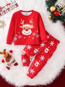 SHEIN 男嬰聖誕圖案修身長袖褲家居服套裝，適合聖誕節、派對 - 紅色 - 查看 3