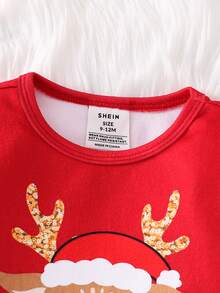 SHEIN 男嬰聖誕圖案修身長袖褲家居服套裝，適合聖誕節、派對 - 紅色 - 查看 4