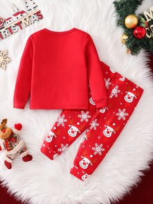 SHEIN 男嬰聖誕圖案修身長袖褲家居服套裝，適合聖誕節、派對 - 紅色 - 查看 2