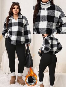 SHEIN LUNE Ensemble 2 pièces pour femmes grande taille, Top à manches longues à carreaux et leggings, décontracté ample, pour le quotidien, l'automne, les tenues formelles, la maison et la plage, noir - Noir et Blanc - Voir 9