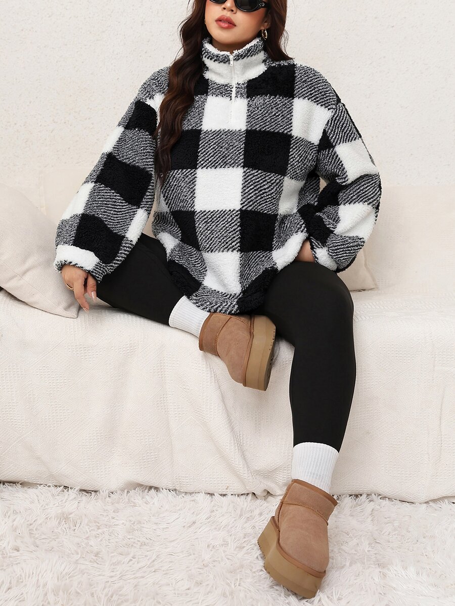 SHEIN LUNE Ensemble 2 pièces pour femmes grande taille, Top à manches longues à carreaux et leggings, décontracté ample, pour le quotidien, l'automne, les tenues formelles, la maison et la plage, noir - Noir et Blanc - Voir 1