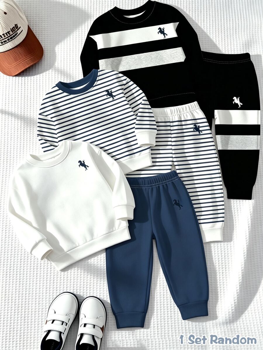 1 Set Boys Striped Horse Logo Long Sleeve Crew Neck Sweatshirt And Long Pants Outfit, Spring/Autumn New Arrival, Cool And Stylish Overall Design, Fashionable And Versatile, Showcasing Baby Boy Vitality, Vibrant Colors And Exquisite Patterns, Suitable For School And Reading, Perfect Gift For Holidays, Great For Photo-Taking - Multicolor - View 1