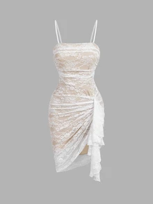 SHEIN MOD Romantic Lace Sexy Spaghetti Strap Dress With Ruffle Trim - Multicolor - View 5