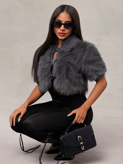 Radiana Autumn/Winter Sexy Fashion Grey Faux Fur Coat, Ultra Cropped Faux Fur Jacket, Shawl Collar Long Fur Coat
