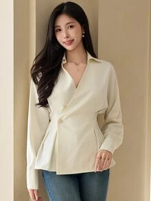 DAZY Women's Elegant Versatile Button Pleated Long Sleeve Blouse Business - Beige - View 6