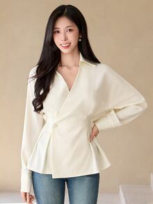 DAZY Women's Elegant Versatile Button Pleated Long Sleeve Blouse Business - Beige - View 1