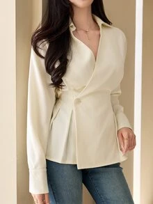 DAZY Women's Elegant Versatile Button Pleated Long Sleeve Blouse Business - Beige - View 7