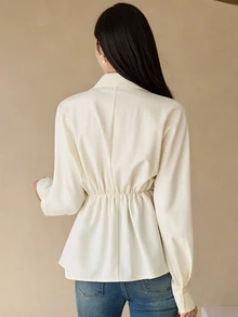 DAZY Women's Elegant Versatile Button Pleated Long Sleeve Blouse Business - Beige - View 2