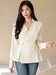 DAZY Women's Elegant Versatile Button Pleated Long Sleeve Blouse Business - Beige - View 5