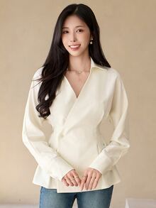 DAZY Women's Elegant Versatile Button Pleated Long Sleeve Blouse Business - Beige - View 4
