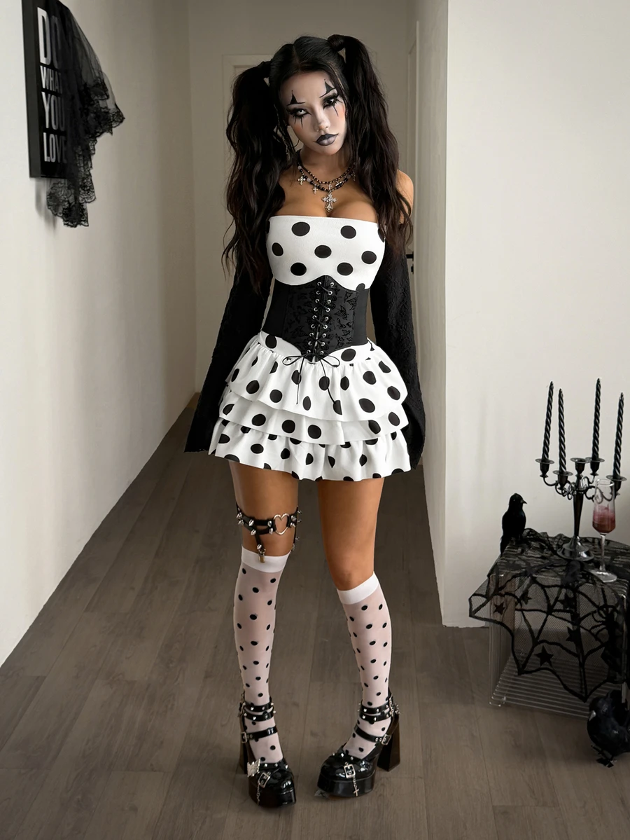 Coolane Women's Fall/Winter Sexy Polka Dot Print Colorblock Off-Shoulder Dress ,Halloween Cosplay - Black and White - View 1