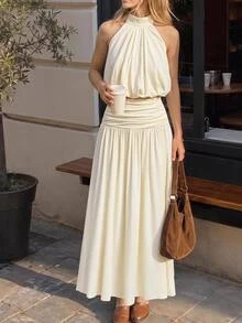 SHEIN MOD Women's Solid Color Halter Neck Top And Ruched Waist Skirt 2 Pieces Set Beach Vacation Vacation Cream White Summer Tropical Elegant European Tropical - Apricot - View 2