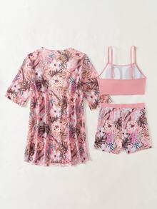 Swim Lushoire 女士热带植物印花休闲比基尼套装带罩衫短袖和服夏季 - 彩色 - 查看 8