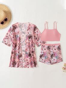 Swim Lushoire 女士热带植物印花休闲比基尼套装带罩衫短袖和服夏季 - 彩色 - 查看 5