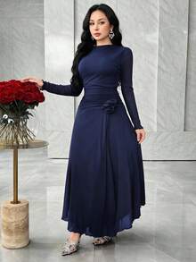 Feyla Long Sleeve Front Slit 3D Floral Elegant Elegant Versatile Party Dress - Navy Blue - View 2