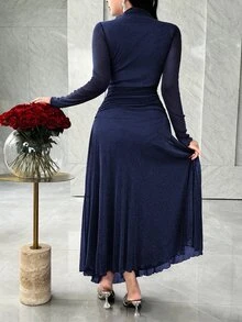 Feyla Long Sleeve Front Slit 3D Floral Elegant Elegant Versatile Party Dress - Navy Blue - View 7
