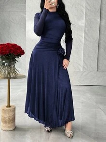 Feyla Long Sleeve Front Slit 3D Floral Elegant Elegant Versatile Party Dress - Navy Blue - View 3