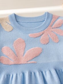Souflis Souflis 4-8歲女童淺藍色毛巾布刺繡花朵針織洋裝，圓領A字版長袖甜美針織洋裝，適合秋冬 - 藍色 - 查看 9
