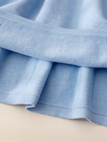 Souflis Souflis 4-8歲女童淺藍色毛巾布刺繡花朵針織洋裝，圓領A字版長袖甜美針織洋裝，適合秋冬 - 藍色 - 查看 7