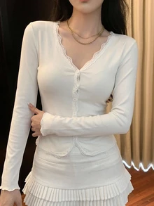 DAZY 女款蕾絲拼接修身長袖前扣鈕扣T恤 Y2K法式浪漫秋季約會白色 - 白色 - 查看 4