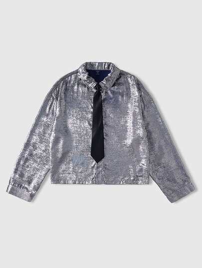 Camisa de manga larga con corbata plateada brillante para hombres, para discoteca, fiesta, festival de música