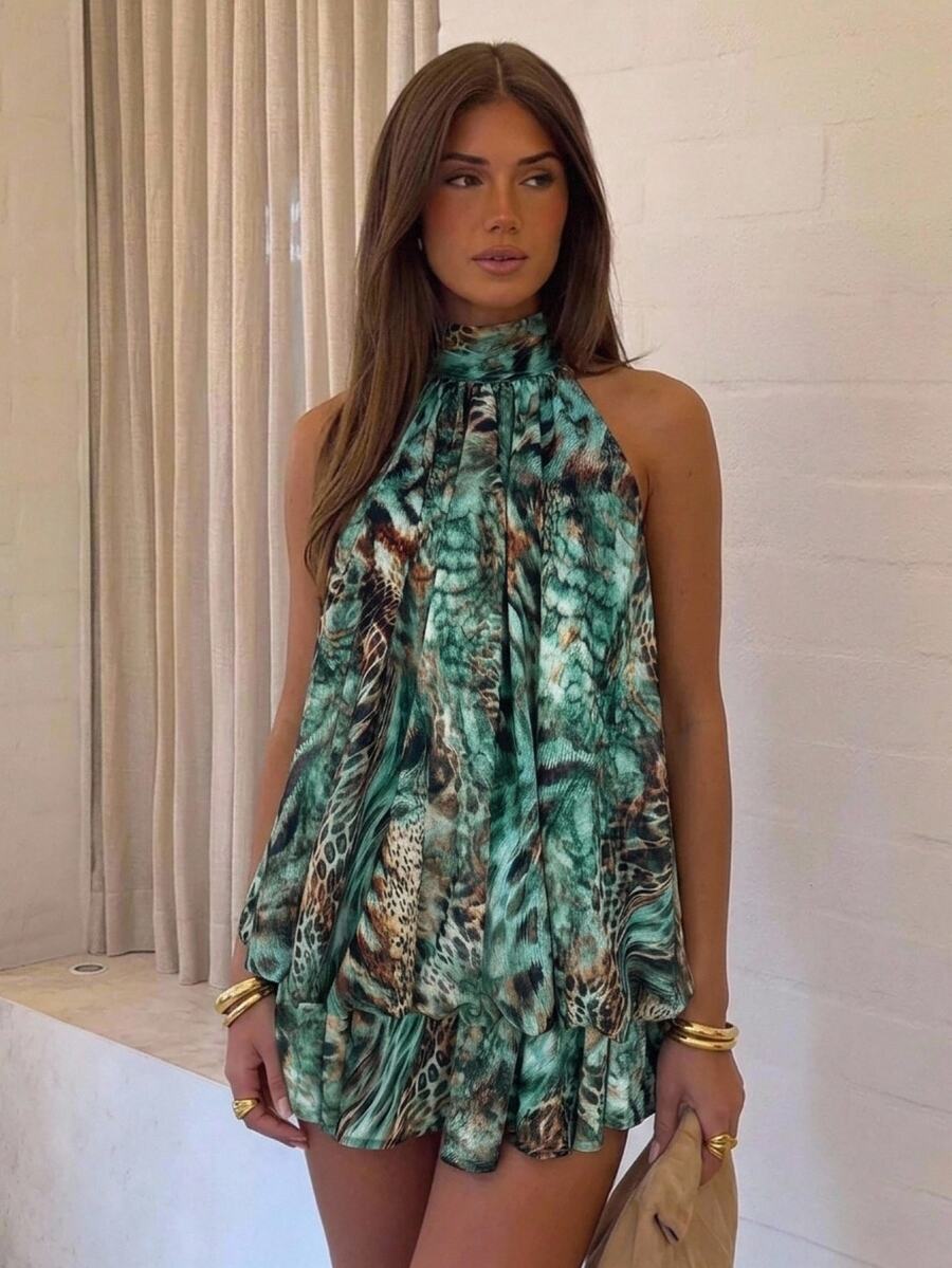 Aloruh Green Printed Mini A-Line Dress, Slimming Sexy Style Autumn Outfits For Women Summer Dress