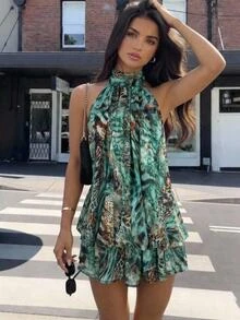 Aloruh 綠色印花迷你A字洋裝，修身性感風格，適合女性的秋季穿搭與夏季洋裝 - 綠色 - 查看 6