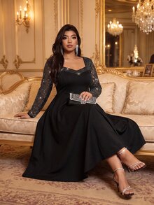 Auvina Women's Fashion Elegant Sequin Long Sleeve Square Neck Cinched Waist A-Line Dress, Suitable For Daily Commute, Party, Evening Event Fall - Black - View 4
