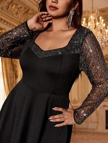 Auvina Women's Fashion Elegant Sequin Long Sleeve Square Neck Cinched Waist A-Line Dress, Suitable For Daily Commute, Party, Evening Event Fall - Black - View 1