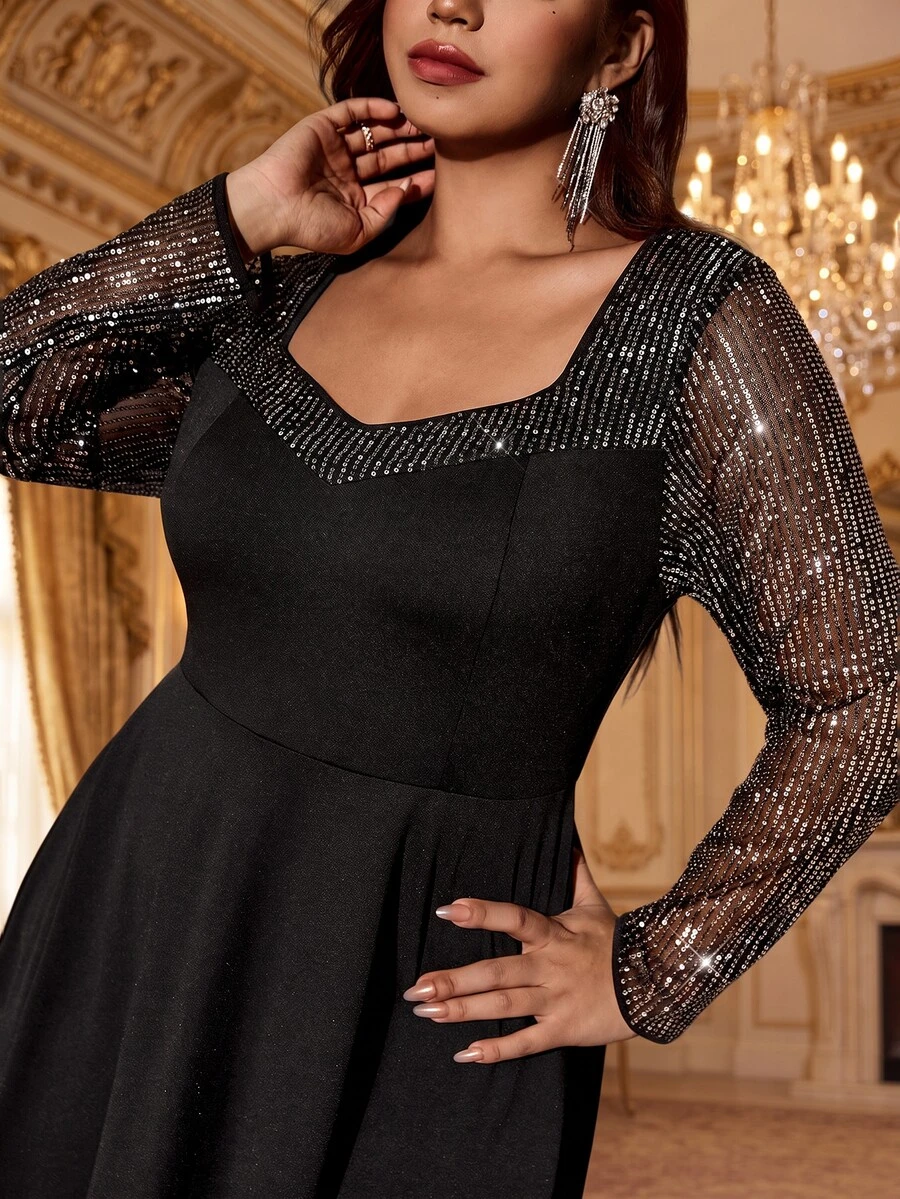 Auvina Women's Fashion Elegant Sequin Long Sleeve Square Neck Cinched Waist A-Line Dress, Suitable For Daily Commute, Party, Evening Event Fall - Black - View 1