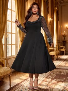 Auvina Women's Fashion Elegant Sequin Long Sleeve Square Neck Cinched Waist A-Line Dress, Suitable For Daily Commute, Party, Evening Event Fall - Black - View 6