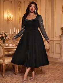 Auvina Women's Fashion Elegant Sequin Long Sleeve Square Neck Cinched Waist A-Line Dress, Suitable For Daily Commute, Party, Evening Event Fall - Black - View 9