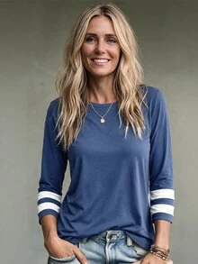 EMERY ROSE Women Fashion Casual Color Block Round Neck All-Match T-Shirt Graphic Tees Women Tops - Royal Blue - View 1