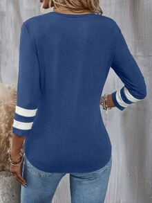 EMERY ROSE Women Fashion Casual Color Block Round Neck All-Match T-Shirt Graphic Tees Women Tops - Royal Blue - View 2