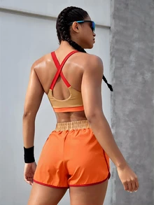 Powerista Women's Contrast Color Cropped Tank Top And Shorts Sports Set Spring&Summer Exercise And Body Shaping, High Elasticity, Suitable For Multiple Scenario - Yellow - View 3