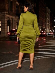 Juhart Green Diagonal Ruched Waist Pleated Semi-High Neck Puff Long Sleeve Bodycon Dress, Elegant Mature Style, Suitable For Commute, Date, Party, Evening Banquet, Plus Size - Green - View 2
