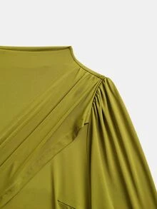 Juhart Green Diagonal Ruched Waist Pleated Semi-High Neck Puff Long Sleeve Bodycon Dress, Elegant Mature Style, Suitable For Commute, Date, Party, Evening Banquet, Plus Size - Green - View 8