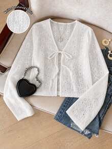 SHEIN Teen Girls Fall Tops Fall White Gentle Style Hollow Floral Pattern Long Sleeve Shirt, V-Neck Front Bow Design, Long Sleeve Fit - White - View 2