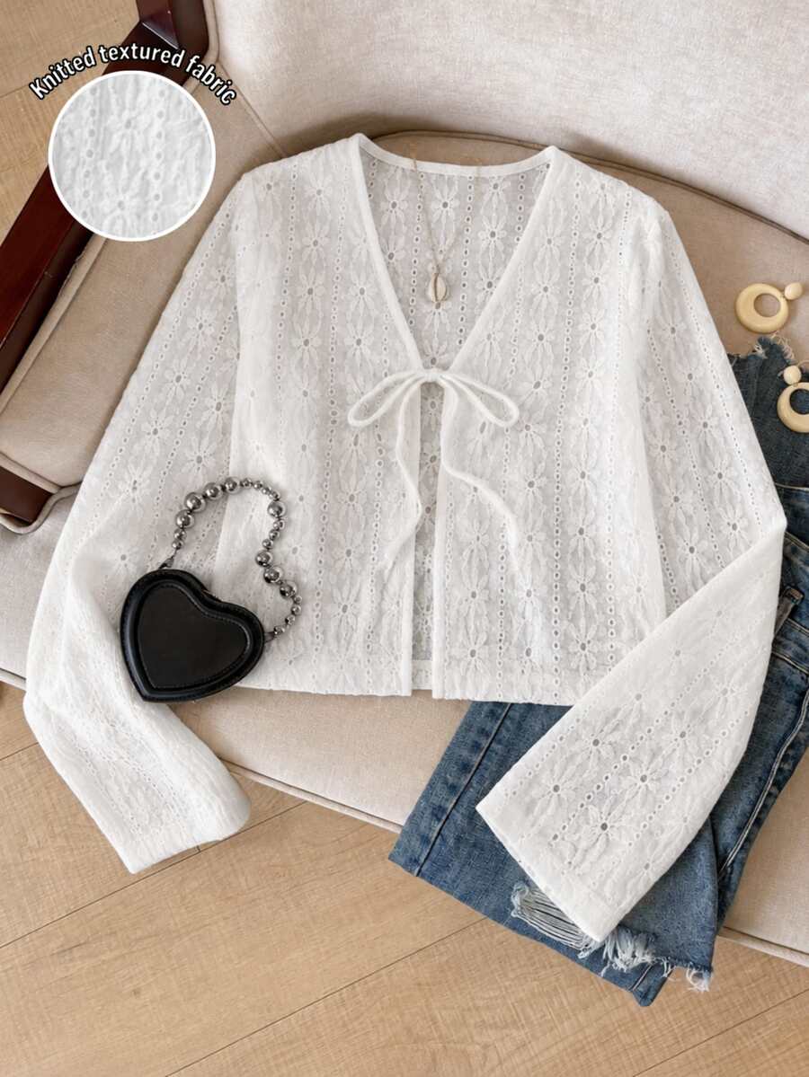 SHEIN Teen Girls Fall Tops Fall White Gentle Style Hollow Floral Pattern Long Sleeve Shirt, V-Neck Front Bow Design, Long Sleeve Fit
