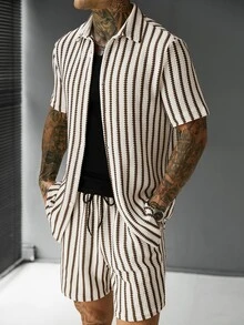 SLATEMANN Men's Casual Striped Short Sleeve Single-Breasted Shirt And Shorts Set - Multicolor - View 2
